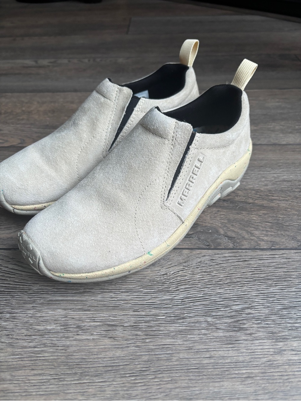 Merrell Jungle Moc Suede Slip On Confetti Birthday Cake Beige Cream Shoes sz 8.5